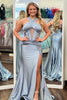 Load image into Gallery viewer, Dark Green Halter Corset Mermaid Long Satin Prom Dress with Slit