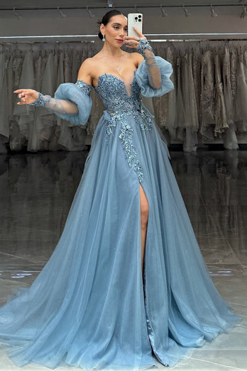 Sparkly Grey Blue Sweetheart Appliqued Long Tulle Prom Dress with Slit