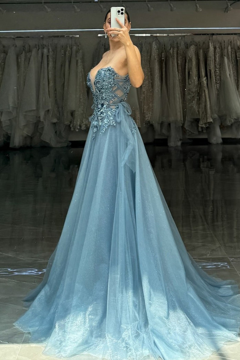 Load image into Gallery viewer, Sparkly Grey Blue Sweetheart Appliqued Long Tulle Prom Dress with Slit