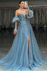 Load image into Gallery viewer, Sparkly Grey Blue Sweetheart Appliqued Long Tulle Prom Dress with Slit