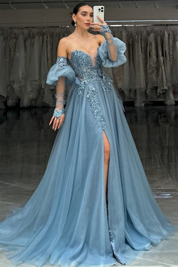 Sparkly Grey Blue Sweetheart Appliqued Long Tulle Prom Dress with Slit