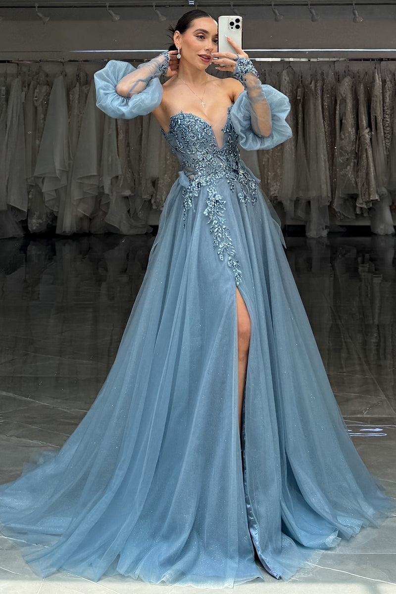 Load image into Gallery viewer, Sparkly Grey Blue Sweetheart Appliqued Long Tulle Prom Dress with Slit