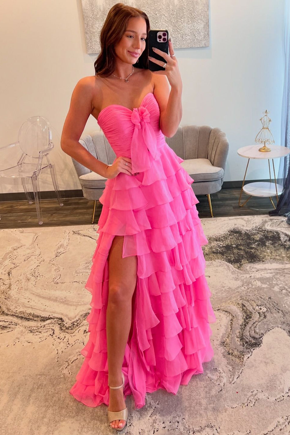 Fuchsia Strapless Tiered Bow Long Chiffon Prom Dress with Slit