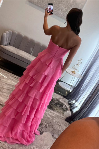 Fuchsia Strapless Tiered Bow Long Chiffon Prom Dress with Slit