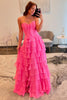 Load image into Gallery viewer, Fuchsia Strapless Tiered Bow Long Chiffon Prom Dress with Slit