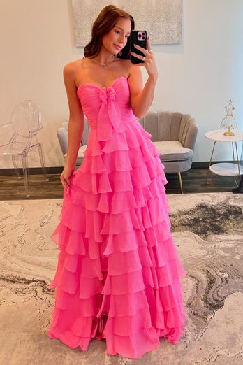 Fuchsia Strapless Tiered Bow Long Chiffon Prom Dress with Slit