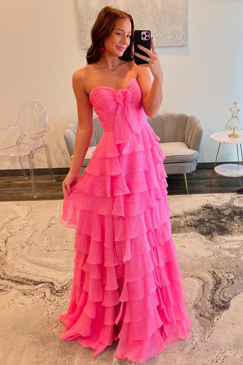 Fuchsia Strapless Tiered Bow Long Chiffon Prom Dress with Slit