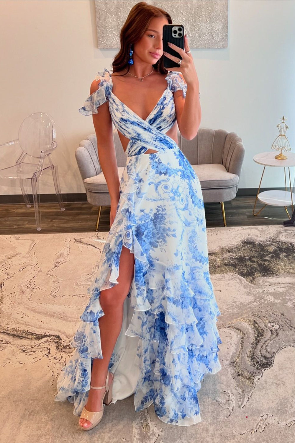 Blue White Flower Printed A-Line Tiered Long Chiffon Prom Dress with Slit