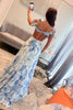 Load image into Gallery viewer, Blue White Flower Printed A-Line Tiered Long Chiffon Prom Dress with Slit