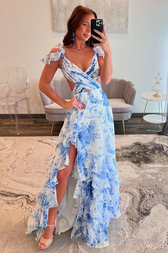 Blue White Flower Printed A-Line Tiered Long Chiffon Prom Dress with Slit