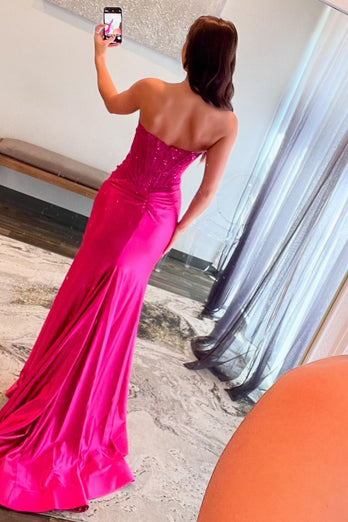 Sparkly Fuchsia Beaded Corset Satin Long Prom Dress with Slit