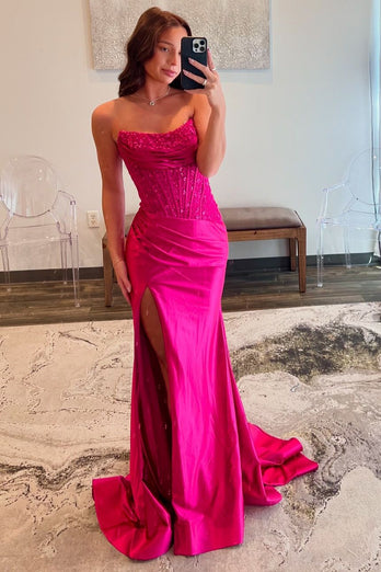 Sparkly Fuchsia Beaded Corset Satin Long Prom Dress with Slit