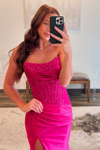 Sparkly Fuchsia Beaded Corset Satin Long Prom Dress with Slit