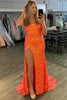 Load image into Gallery viewer, Sparkly Orange Mermaid Strapless Sequins Long Prom Dress with Slit