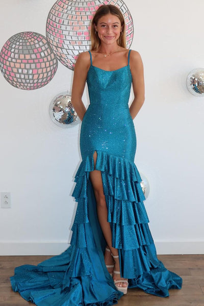 Sparkly Blue Beaded Spaghetti Straps Tiered Long Prom Dress with Slit