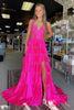 Load image into Gallery viewer, Sparkly Fuchsia Beaded V-Neck Tiered Long Prom Dress with Slit