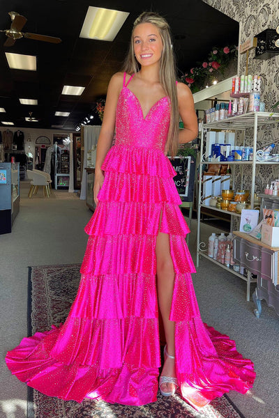 Sparkly Fuchsia Beaded V-Neck Tiered Long Prom Dress with Slit