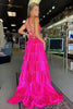 Load image into Gallery viewer, Sparkly Fuchsia Beaded V-Neck Tiered Long Prom Dress with Slit