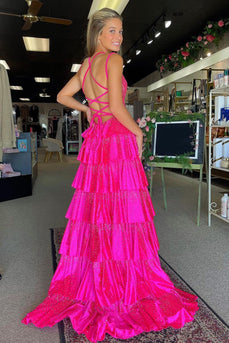 Sparkly Fuchsia Beaded V-Neck Tiered Long Prom Dress with Slit