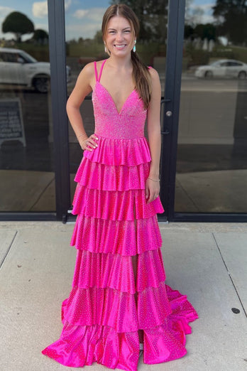 Sparkly Fuchsia Beaded V-Neck Tiered Long Prom Dress with Slit