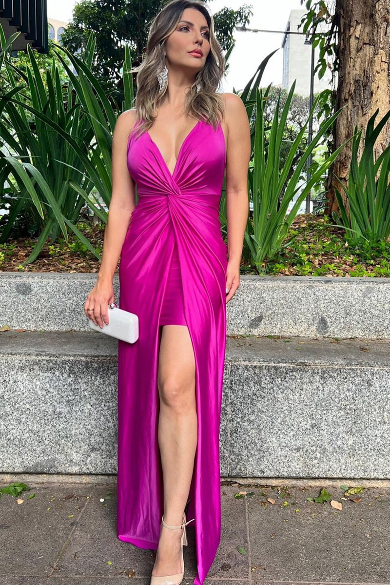 Load image into Gallery viewer, Fuchsia Ruched Spaghetti Straps Sheath Long Satin Prom Dress