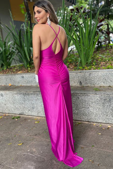 Fuchsia Ruched Spaghetti Straps Sheath Long Satin Prom Dress