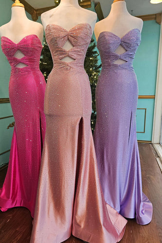 Sparkly Pink Beaded Sweetheart Long Satin Prom Dress with Slit