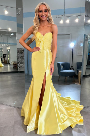 Yellow Strapless Mermaid Satin Long Prom Dress with Slit