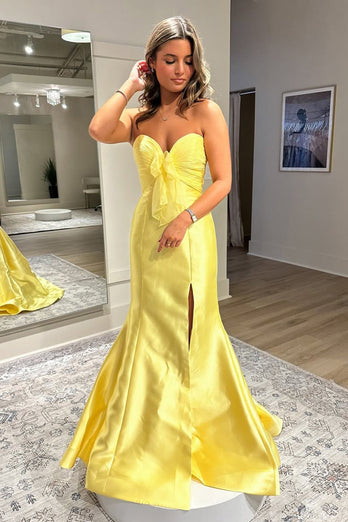 Yellow Strapless Mermaid Satin Long Prom Dress with Slit