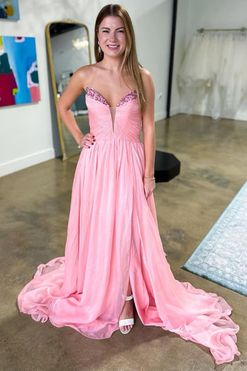 Sparkly Pink Ruched Strapless Chiffon Long Prom Dress with Slit