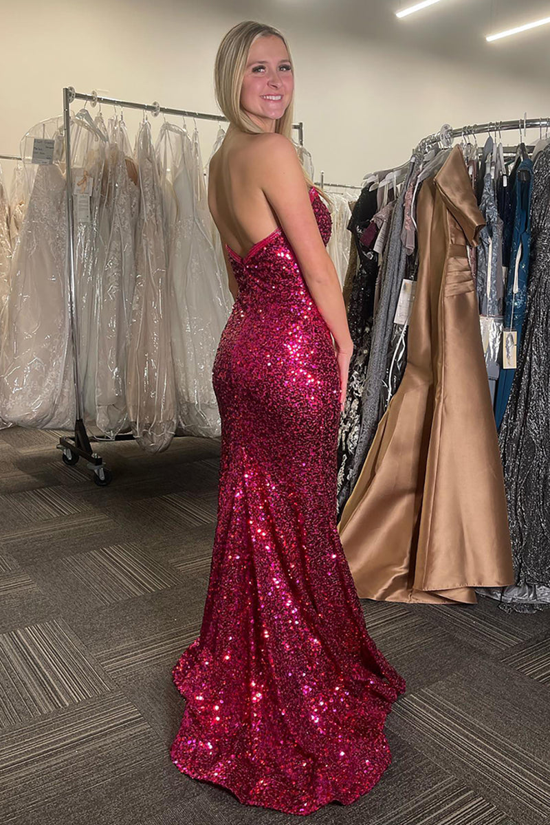 Load image into Gallery viewer, Sparkly Fuchsia Sequin Spaghetti Straps Long Prom Dress