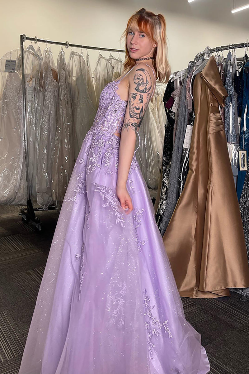 Load image into Gallery viewer, Sparkly Lilac Corset Spaghetti Straps A Line Long Tulle Prom Dress