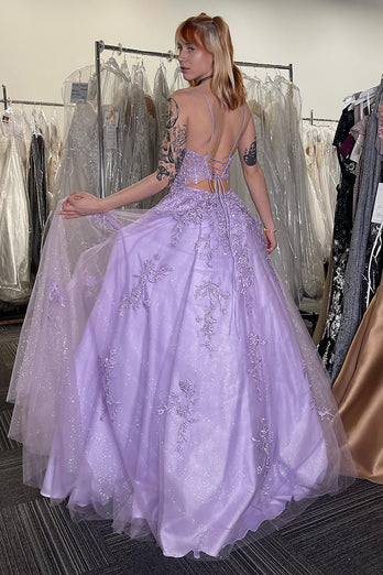 Sparkly Lilac Corset Spaghetti Straps A Line Long Tulle Prom Dress