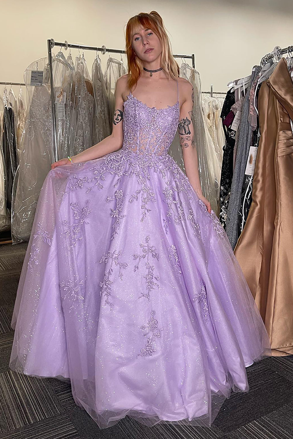 Sparkly Lilac Corset Spaghetti Straps A Line Long Tulle Prom Dress