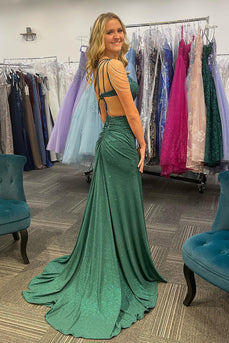 Sparkly Dark Green One Shoulder Long Beaded Prom Dress with Slit