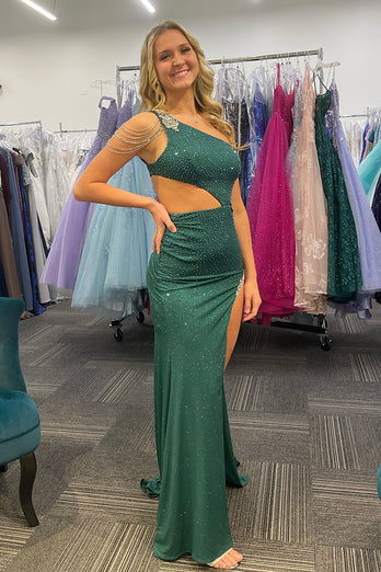 Sparkly Dark Green One Shoulder Long Beaded Prom Dress with Slit