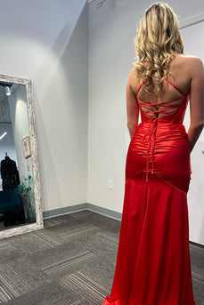 Red Corset Spaghetti Straps Satin Long Prom Dress with Slit