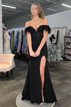 Sparkly Black Off the Shoulder Feathers Long Corset Prom Dress with Slit