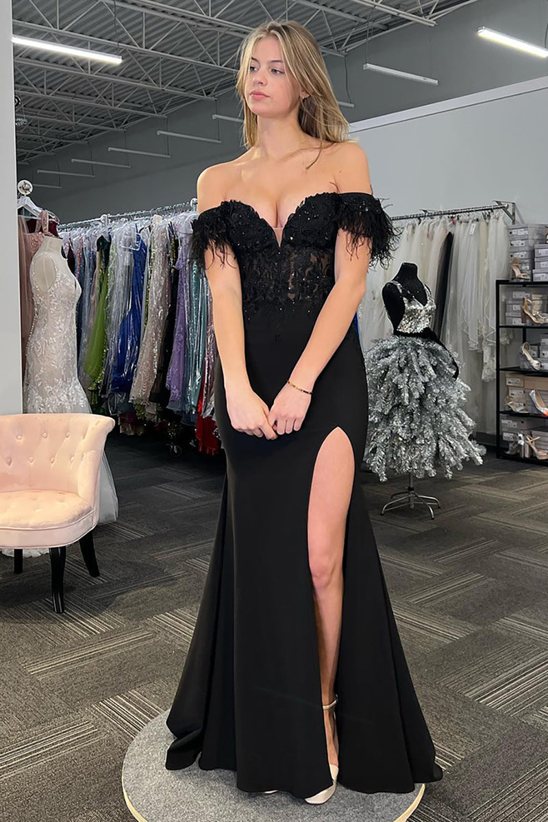 Load image into Gallery viewer, Sparkly Black Off the Shoulder Feathers Long Corset Prom Dress with Slit