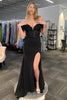 Load image into Gallery viewer, Sparkly Black Off the Shoulder Feathers Long Corset Prom Dress with Slit