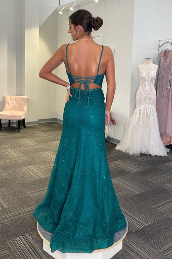 Sparkly Emerald Green Spaghetti Straps Long Corset Prom Dress with Slit