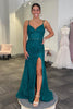 Load image into Gallery viewer, Sparkly Emerald Green Spaghetti Straps Long Corset Prom Dress with Slit