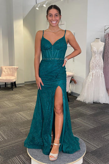 Sparkly Emerald Green Spaghetti Straps Long Corset Prom Dress with Slit