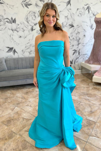 Blue Mermaid Strapless Long Satin Prom Dress