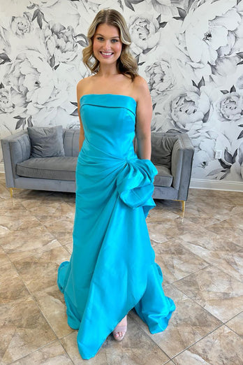 Blue Mermaid Strapless Long Satin Prom Dress