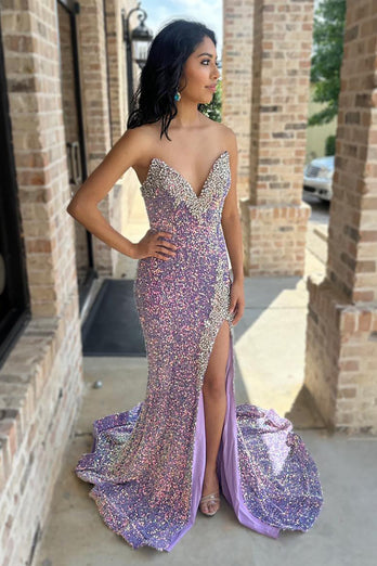 Sparkly Lilac Beaded Sequin Strapless Long Prom Dress with Slit