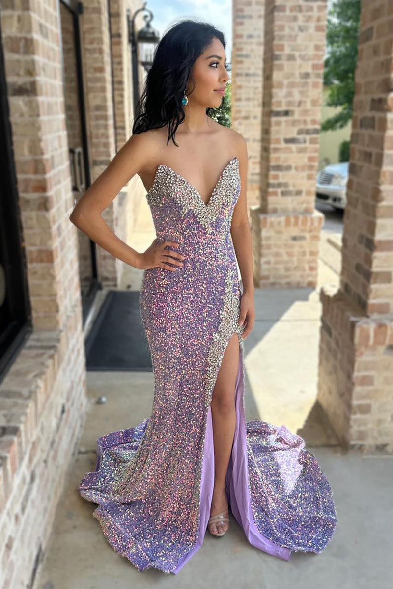 Load image into Gallery viewer, Sparkly Lilac Beaded Sequin Strapless Long Prom Dress with Slit