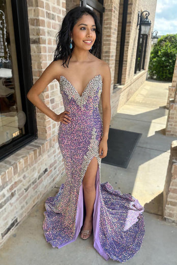 Sparkly Lilac Beaded Sequin Strapless Long Prom Dress with Slit