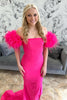 Load image into Gallery viewer, Fuchsia Mermaid Strapless Satin Long Prom Dress with Feathers