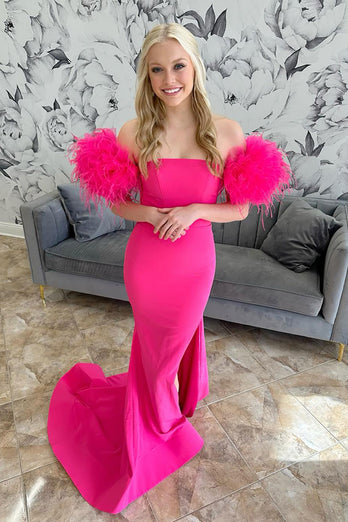 Fuchsia Mermaid Strapless Satin Long Prom Dress with Feathers